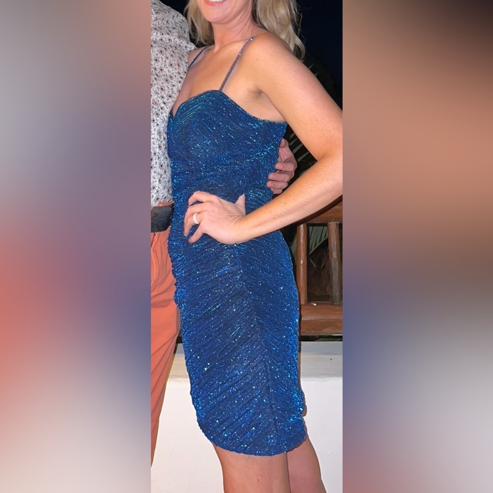Morgan & Co Blue Glitter Bodycon Cocktail Dress Ruched Spaghetti Strap Size 13